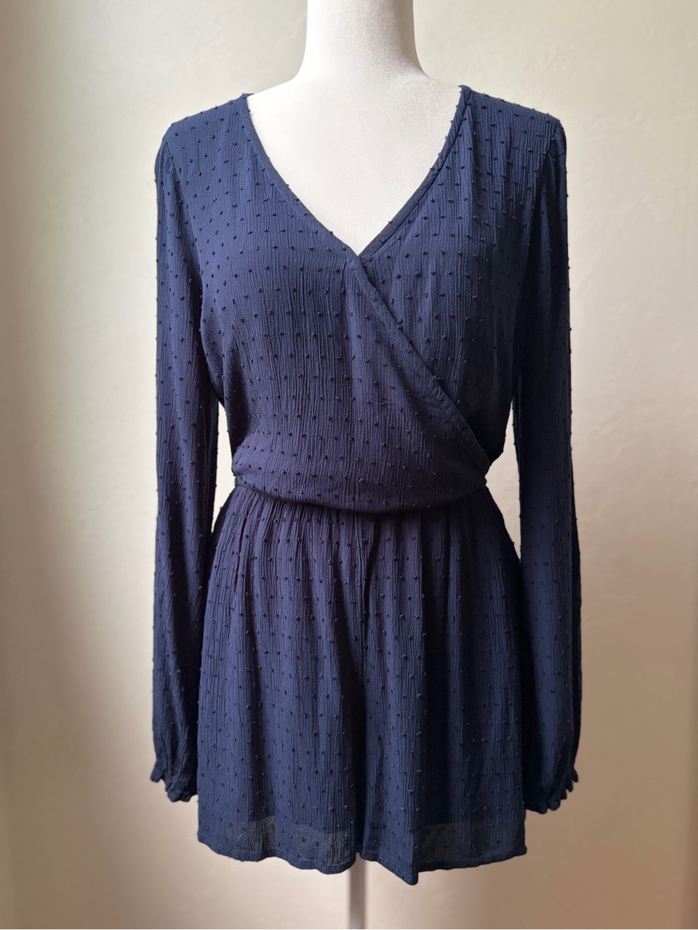 Hollister Navy Swiss Dot Wrap Romper NWT Long Sleeve Flowy Small